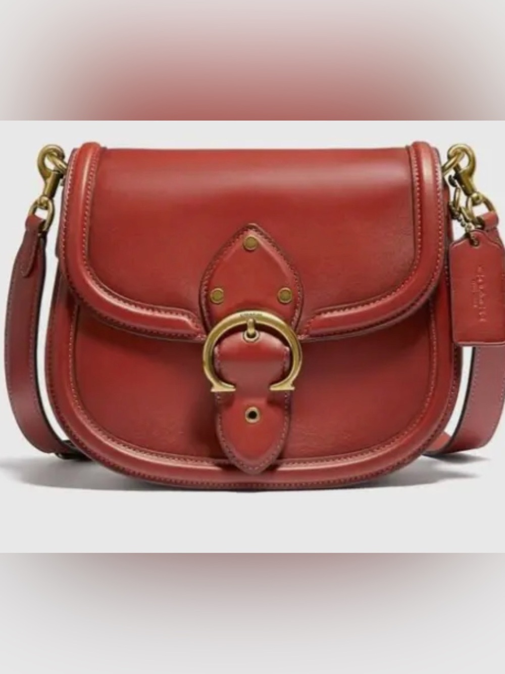Coach Coral-Red Leather Saddle Crossbody with Gold Buckle